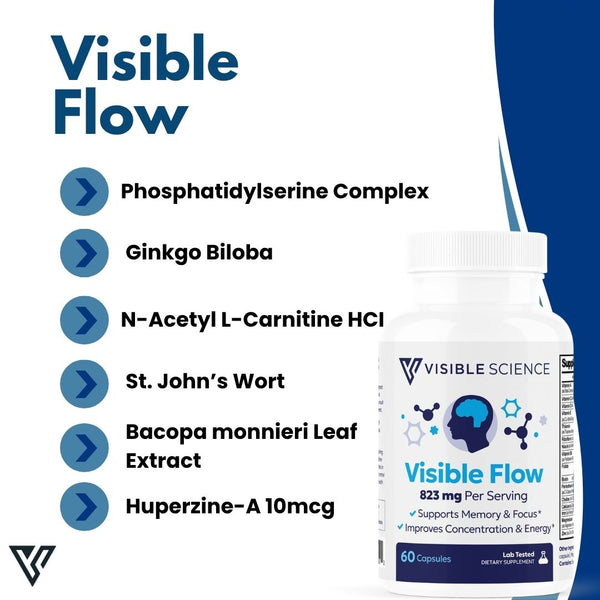 Visible Science Visible Flow - Nootropic Brain & Focus Supplement - Ginkgo Biloba, Bacopa Monnieri & Phosphatidylserine - Daily Capsules