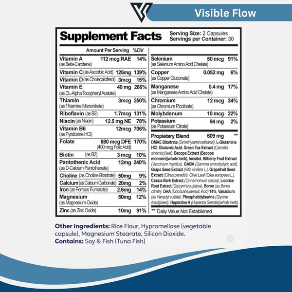 Visible Science Visible Flow - Nootropic Brain & Focus Supplement - Ginkgo Biloba, Bacopa Monnieri & Phosphatidylserine - Daily Capsules