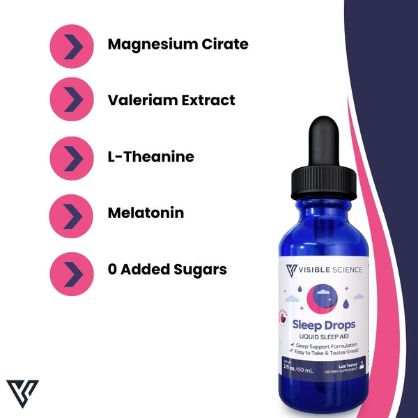 Visible Science Sleep Drops - Berry Flavor Liquid Sleep Support - Melatonin, Magnesium, Valerian & L-Theanine - Fast-Absorbing Drops - 2 fl oz