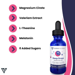 Visible Science Sleep Drops - Berry Flavor Liquid Sleep Support - Melatonin, Magnesium, Valerian & L-Theanine - Fast-Absorbing Drops - 2 fl oz