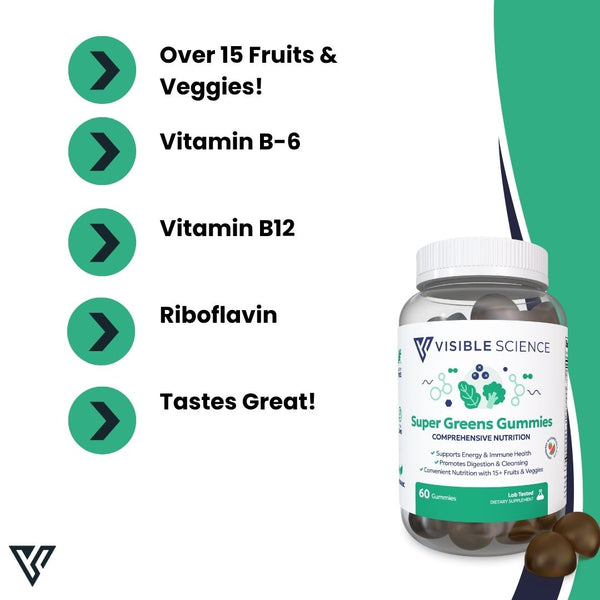 Visible Science Super Greens Gummies - 15 Plant Superfoods with B Vitamins - Strawberry Watermelon Daily Greens - 60 Gummies