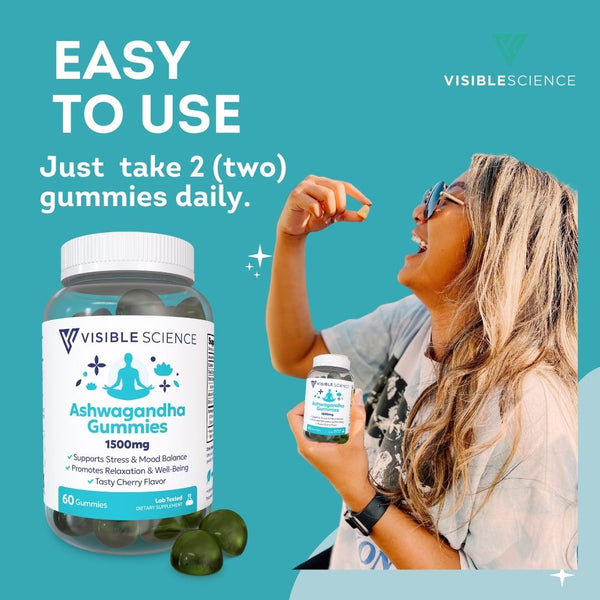 Visible Science Ashwagandha Gummies - Cherry Flavor with Vitamin D & Zinc - Stress, Mood & Calm Support - 60 Gummies