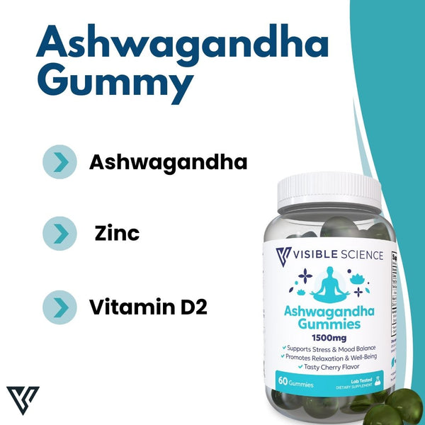 Visible Science Ashwagandha Gummies - Cherry Flavor with Vitamin D & Zinc - Stress, Mood & Calm Support - 60 Gummies