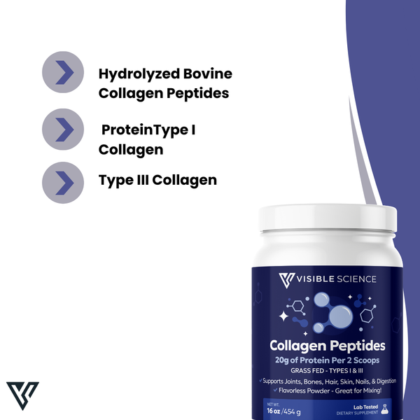 Visible Science Collagen Peptides - Unflavored Hydrolyzed Grass-Fed Collagen Powder - Type I & III Peptides - Skin, Hair, Nail & Joint Support